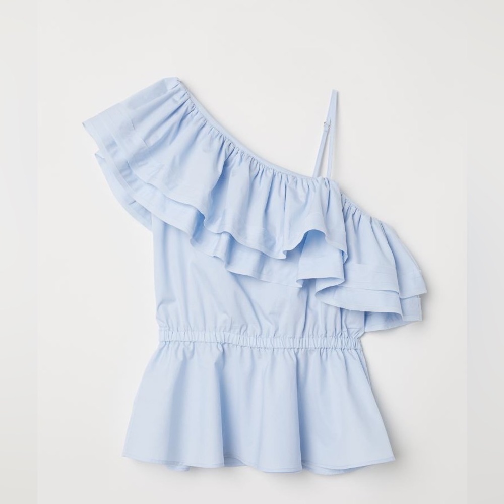 H&M Womens Light Blue Flutter One
Sleeve Strappy Ruffle Shirt Size 4